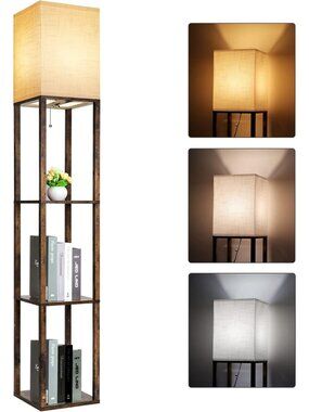 Modern Floor Lamp with Shelves, 3 Color Temperatures, Narrow Corner Design for